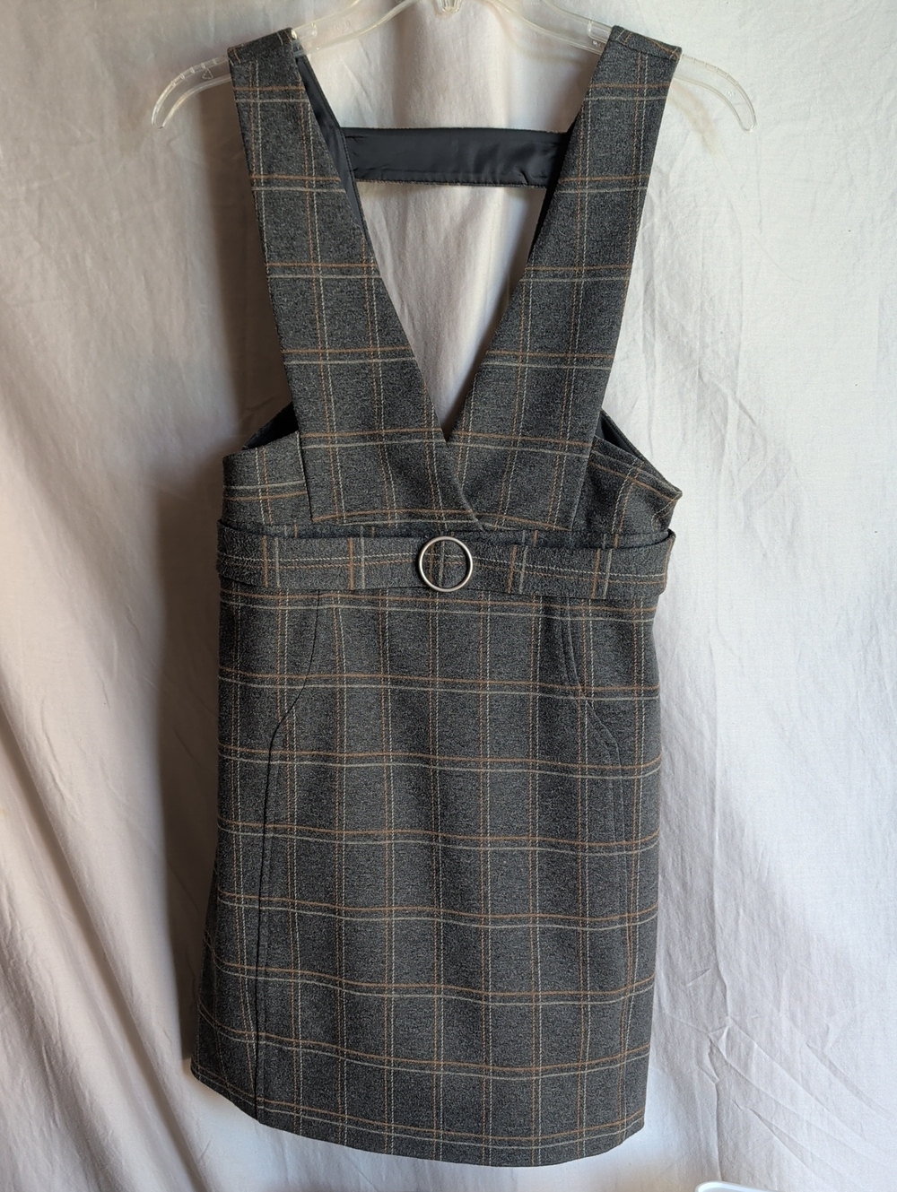 Gray Plaid Pinafore Dress with Belt Detail Dark Academia Gothic Fall Fashion